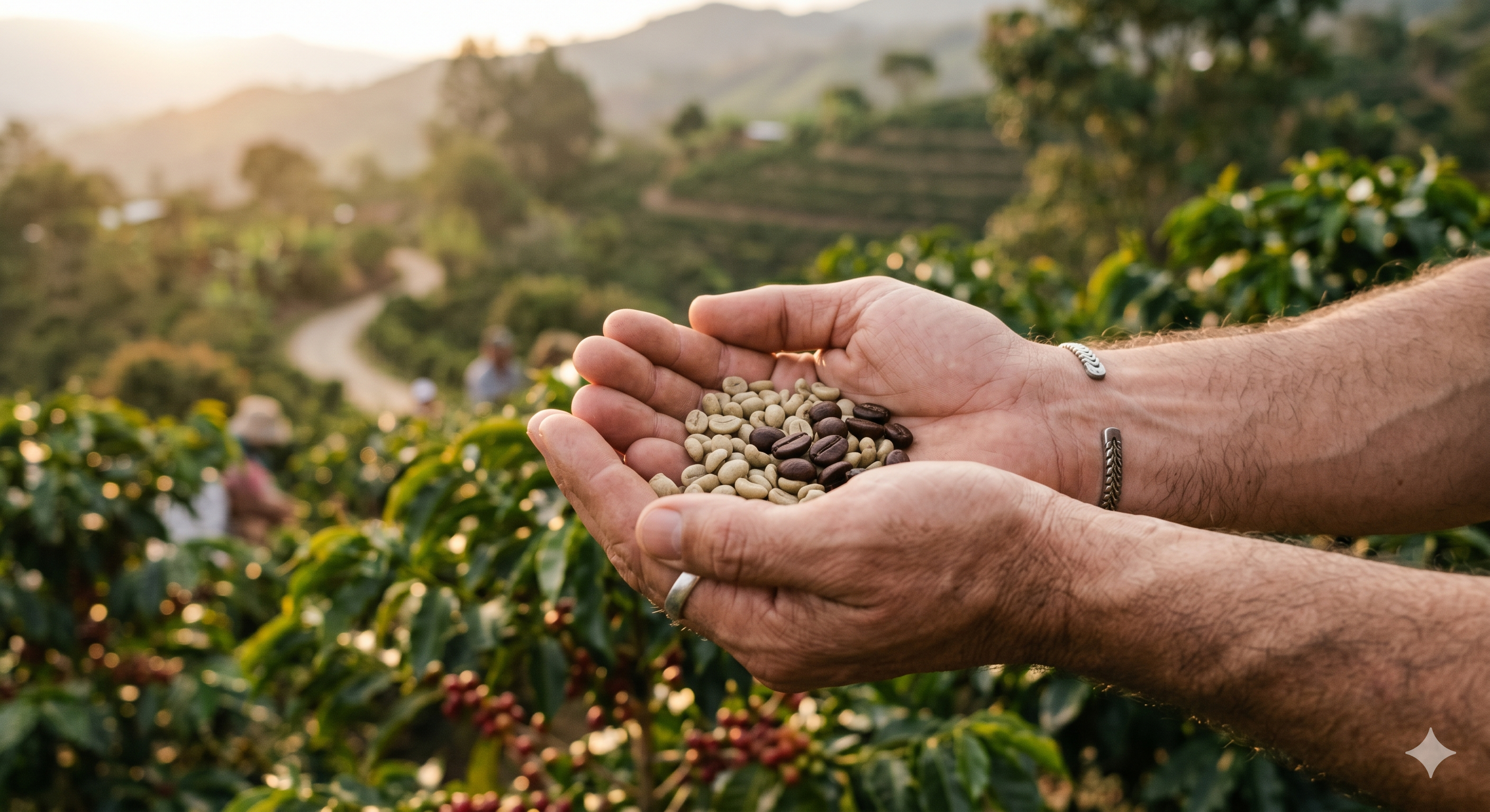 Hands holding coffee beans in a highland plantation